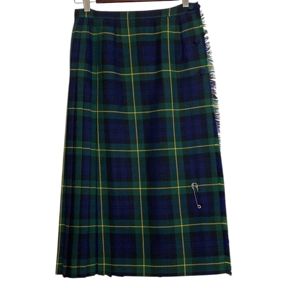 Vintage Kilt Womens XS Gordon Tartan Plaid Blue Green Wool Pleated Midi Skirt - Picture 1 of 9